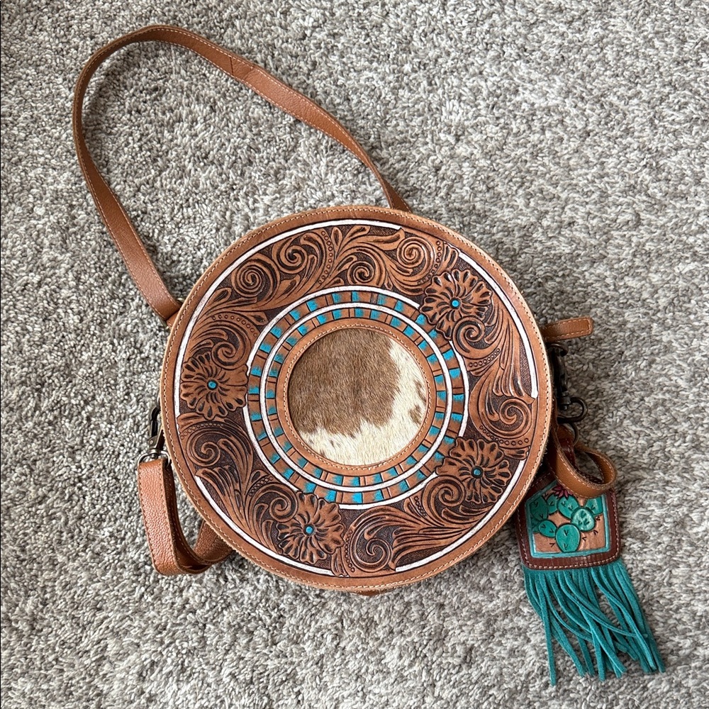 American Darling Brown and Tan Crossbody Bag with Turquoise Accents